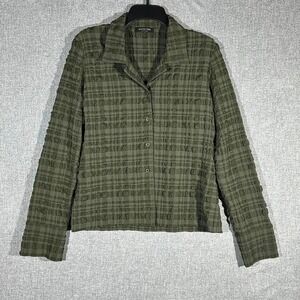 Olive green plaid button up blouse with ruffle detail